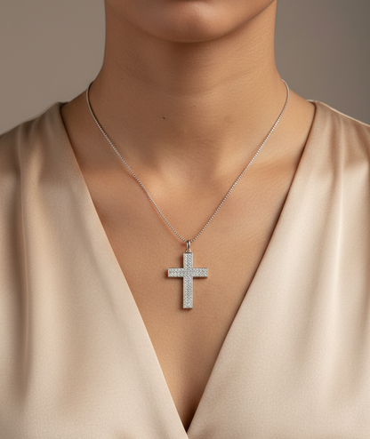 0.80 carat diamond cross pendant in 18K white gold pavé set by Emirates Diamonds