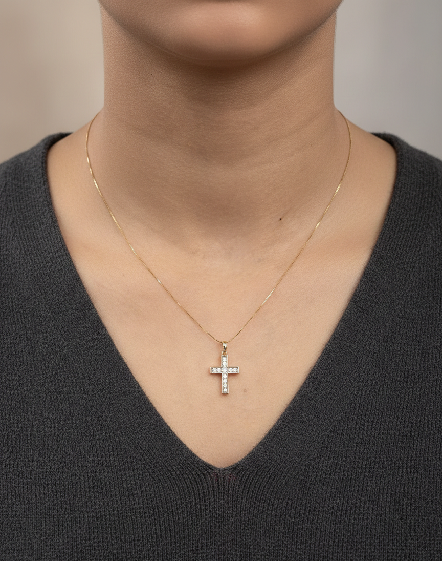 Diamond cross pendant in 18K rose gold with prong-set natural diamonds by Emirates Diamonds
