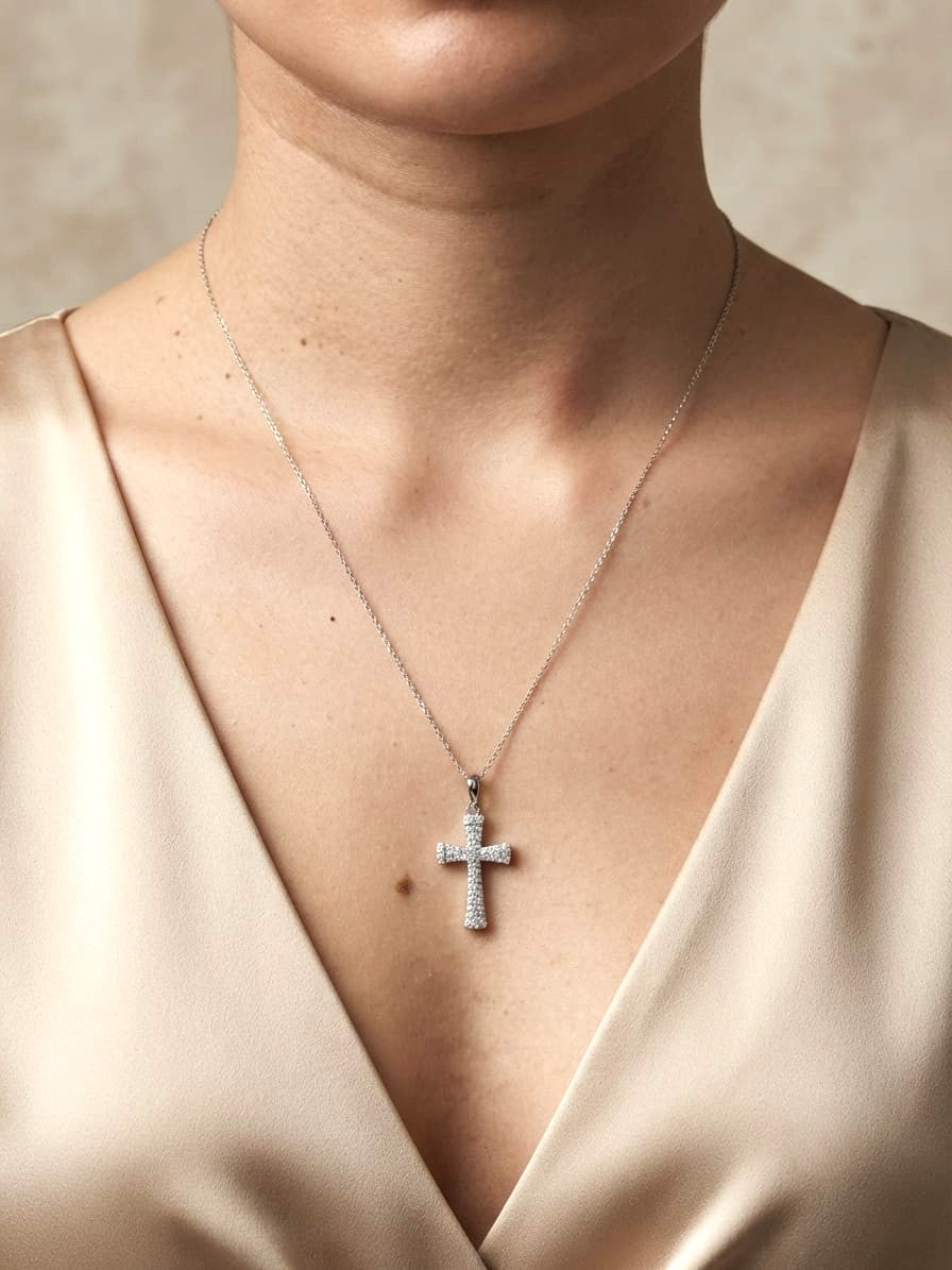18K white gold natural diamond flared cross pendant with round brilliant diamonds, Christian religious pendant.