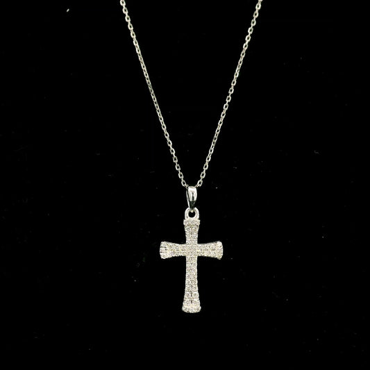 18K white gold natural diamond flared cross pendant with round brilliant diamonds, Christian religious pendant.