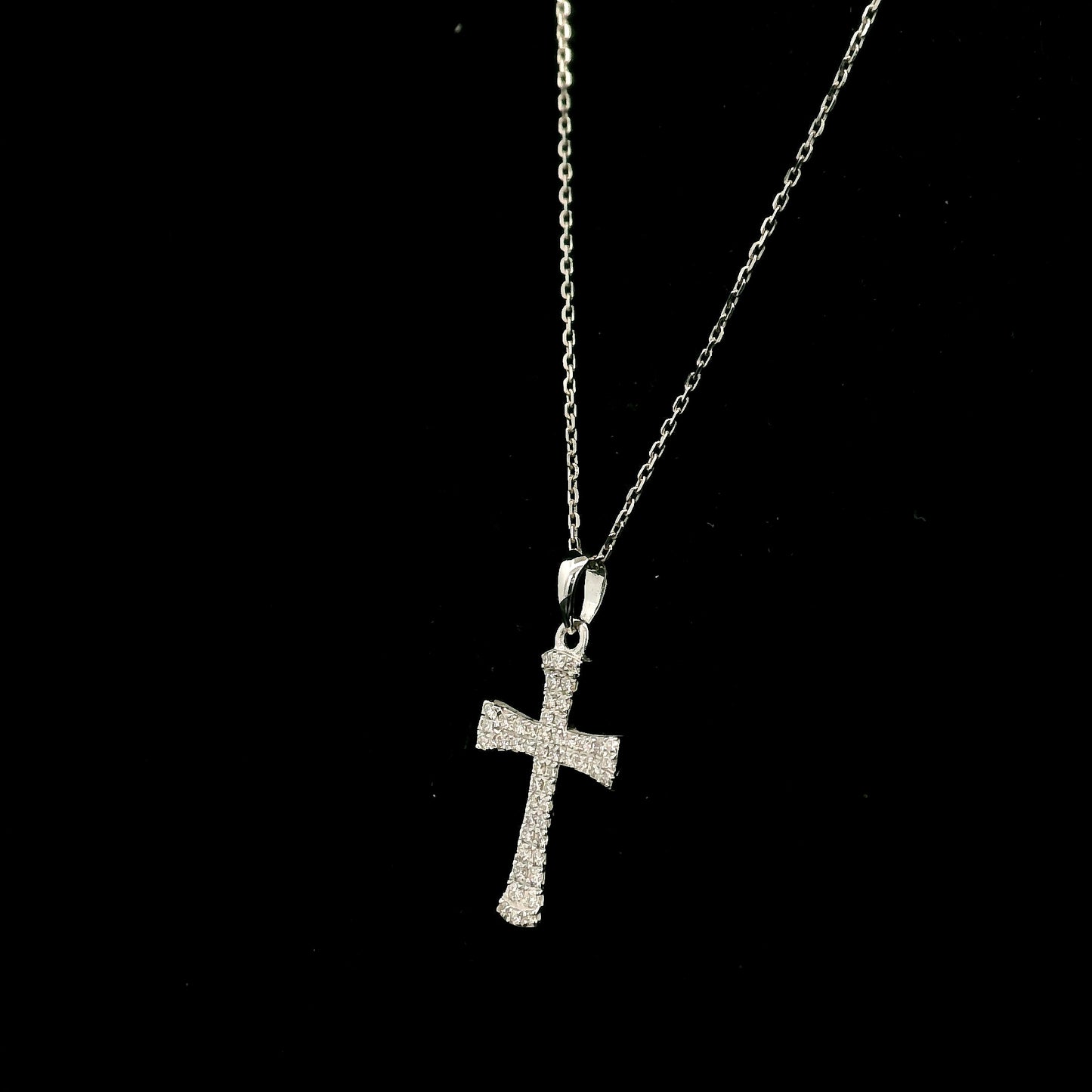 18K white gold natural diamond flared cross pendant with round brilliant diamonds, Christian religious pendant.
