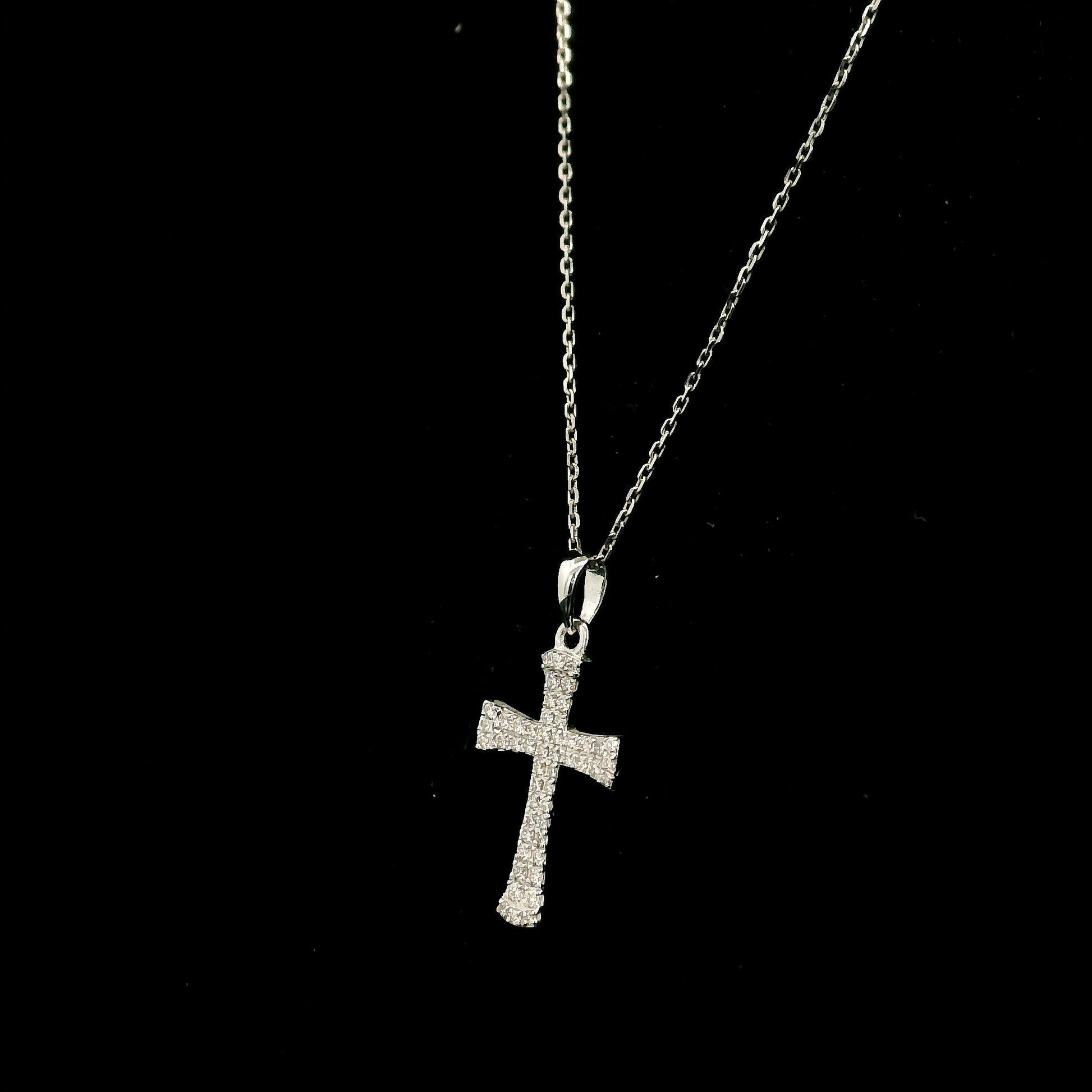 18K white gold natural diamond flared cross pendant with round brilliant diamonds, Christian religious pendant.