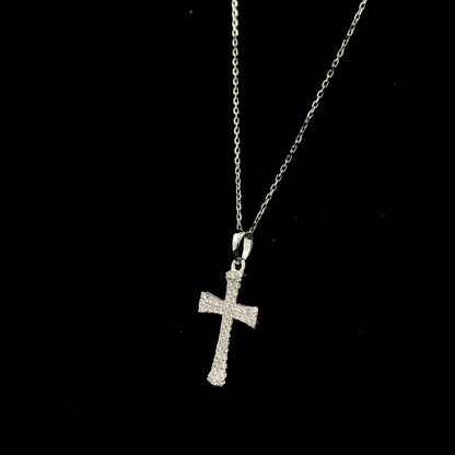 18K white gold natural diamond flared cross pendant with round brilliant diamonds, Christian religious pendant.