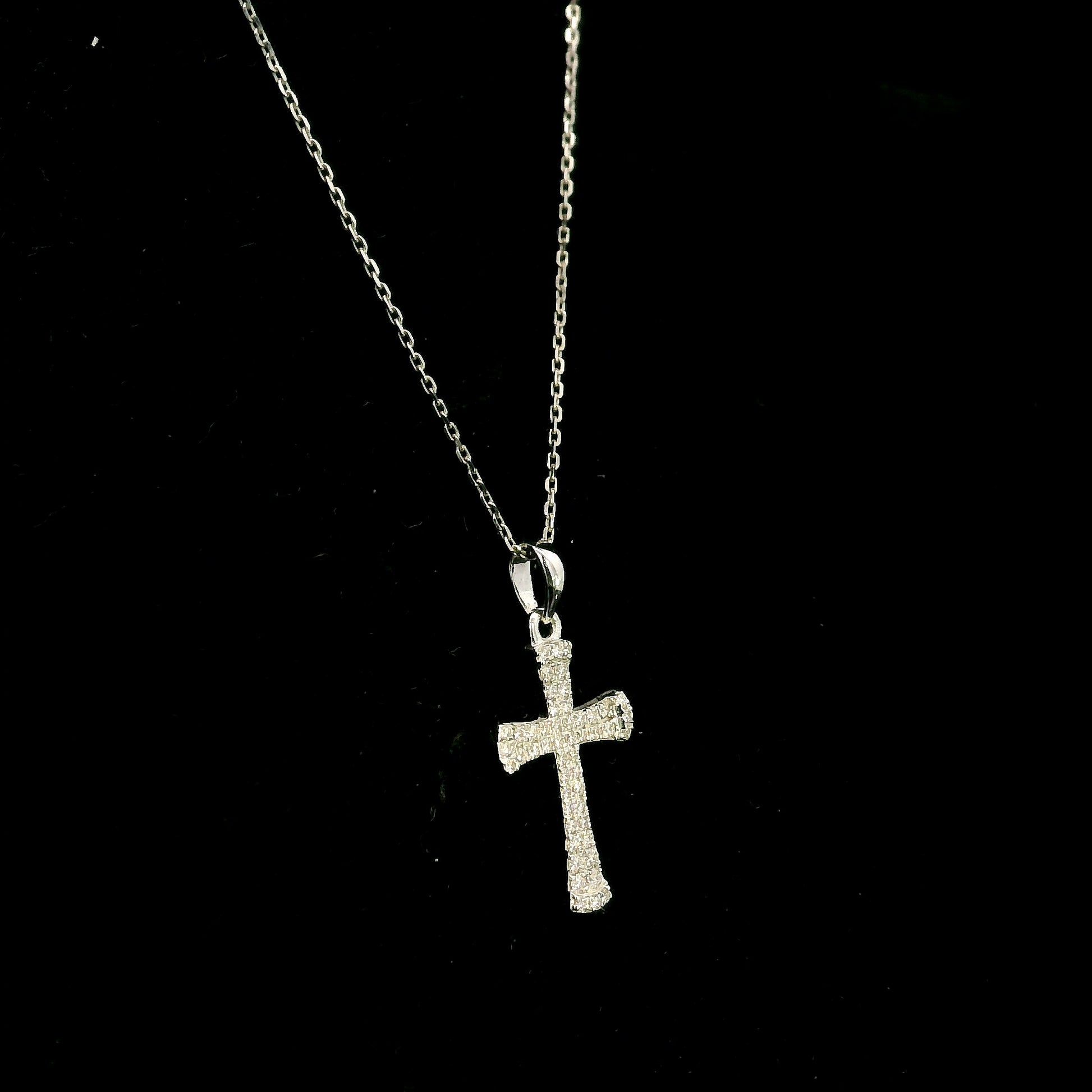 18K white gold natural diamond flared cross pendant with round brilliant diamonds, Christian religious pendant.