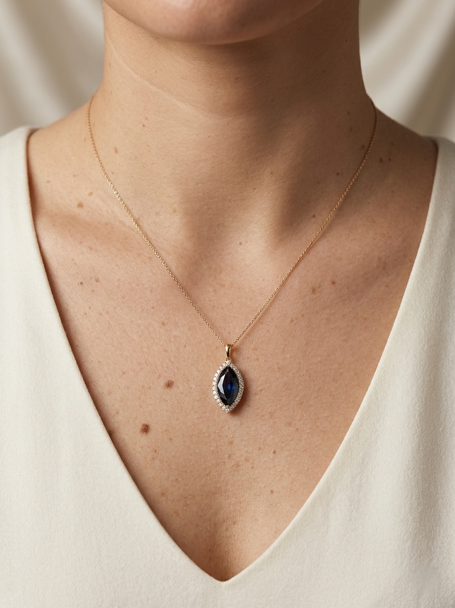 Marquise blue sapphire and diamond halo pendant in 18K yellow gold with chain – Emirates Diamonds