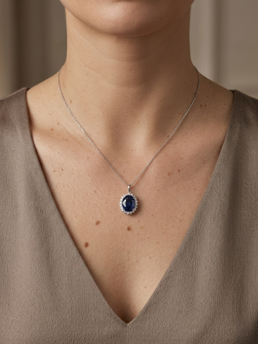 Blue Sapphire & Diamond Halo Pendant in 18K White Gold