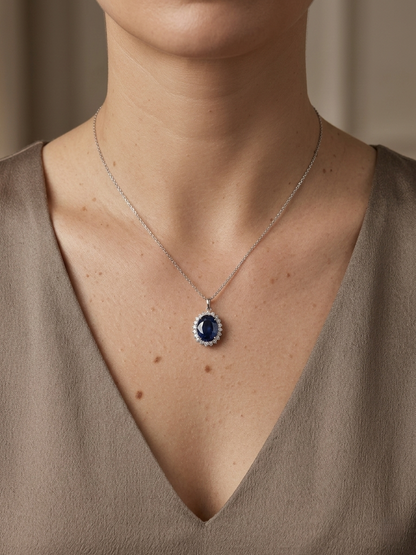 Blue Sapphire & Diamond Halo Pendant in 18K White Gold