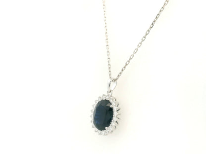 Blue Sapphire & Diamond Halo Pendant in 18K White Gold