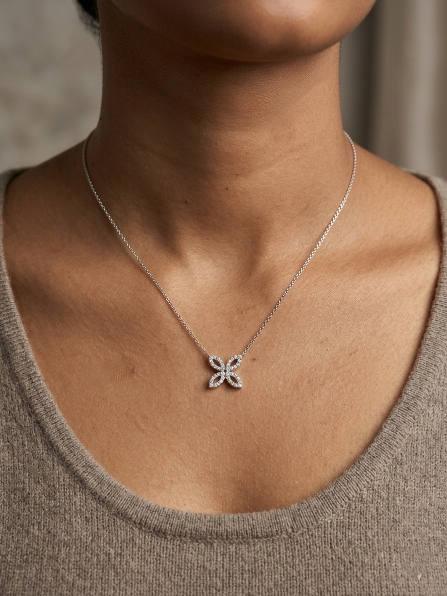 Diamond floral necklace in 18K white gold with four-petal marquise design – Emirates Diamonds