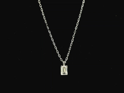Emerald cut diamond solitaire pendant necklace in 18K white gold with chain