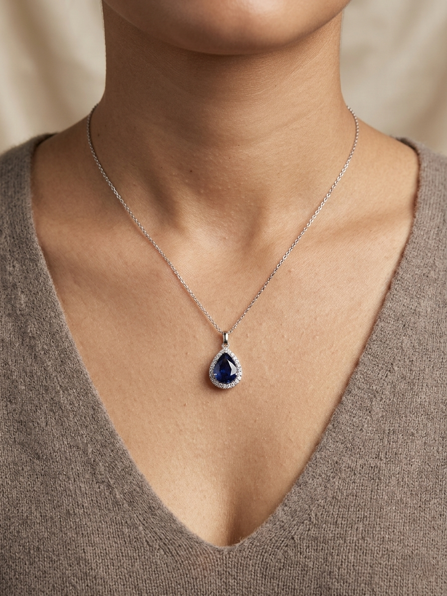 18K white gold pear shape blue sapphire pendant with diamond halo 5.55 carat