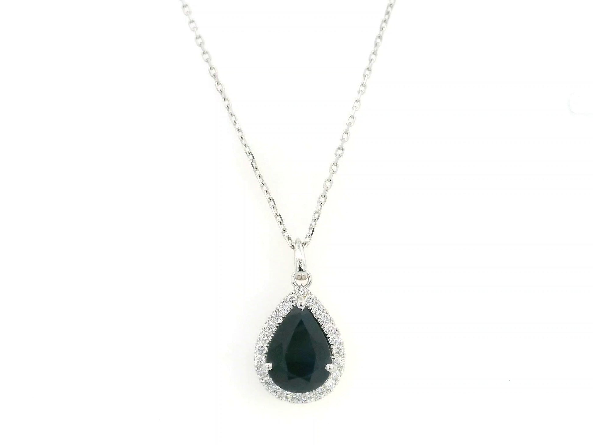 18K white gold pear shape blue sapphire pendant with diamond halo 5.55 carat