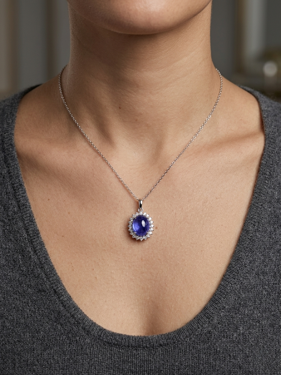 Cabochon tanzanite diamond halo pendant in 18K white gold