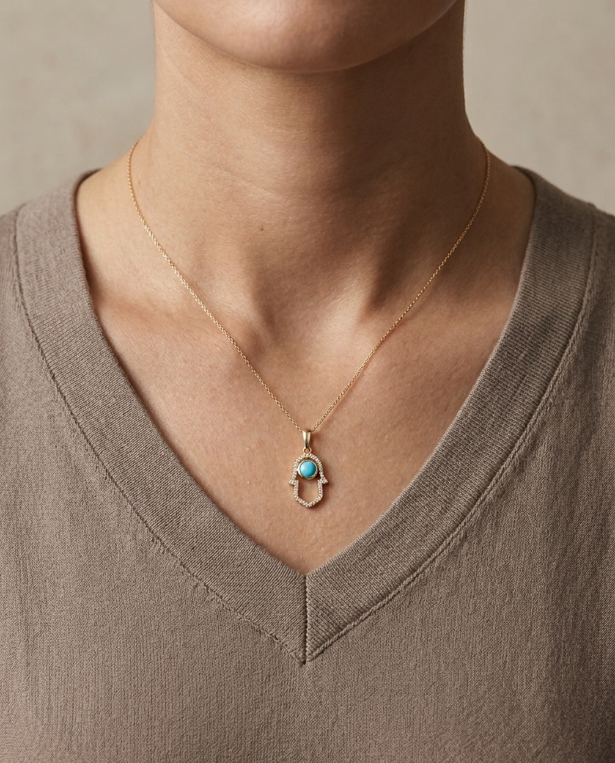18K yellow gold turquoise hamsa pendant with diamond detail 0.34 carat