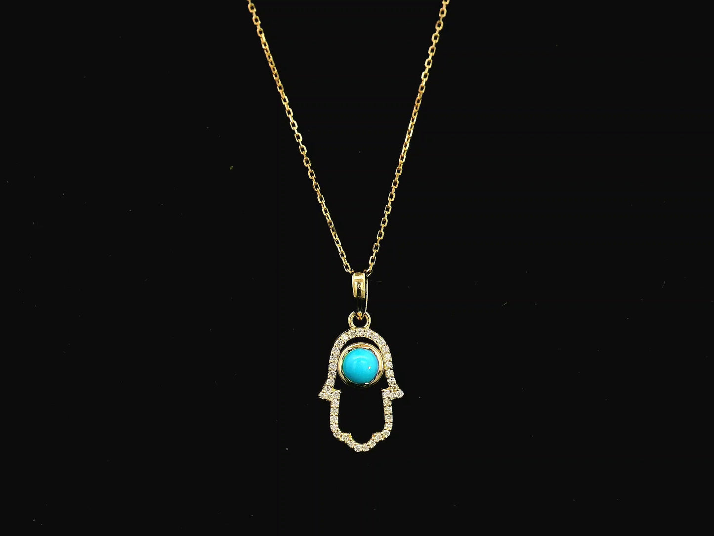 18K yellow gold turquoise hamsa pendant with diamond detail 0.34 carat
