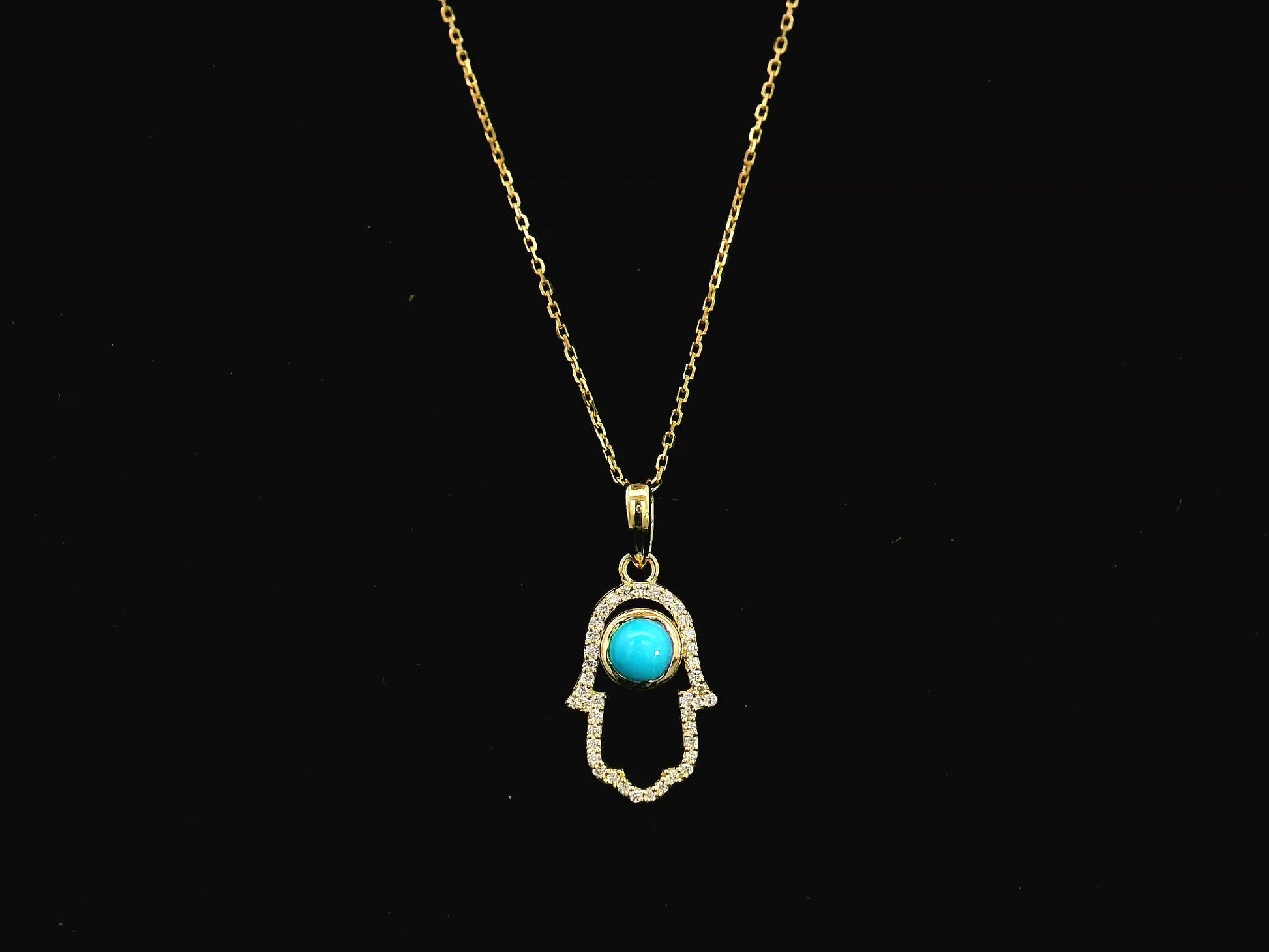 18K yellow gold turquoise hamsa pendant with diamond detail 0.34 carat