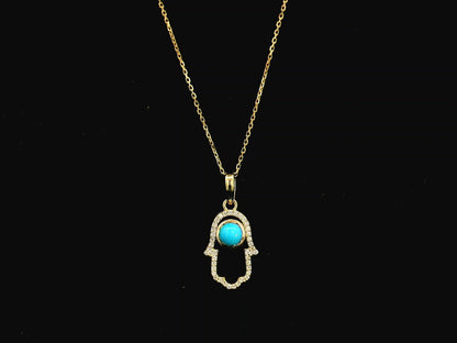 18K yellow gold turquoise hamsa pendant with diamond detail 0.34 carat