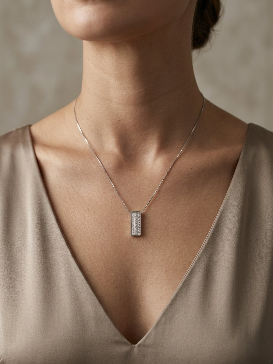 18K white gold diamond bar pendant featuring three vertical rows of natural diamonds with a total diamond weight of 0.54 carat.