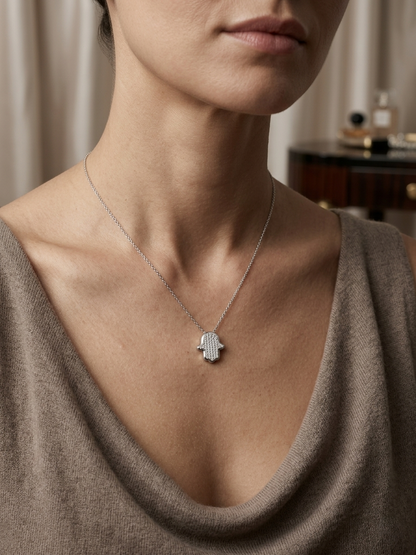 Diamond Hamsa hand pendant necklace in 18K white gold by Emirates Diamonds