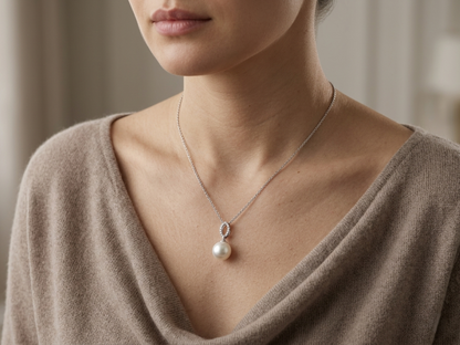 Freshwater pearl pendant necklace in 18K white gold with diamond detail by Emirates Diamonds