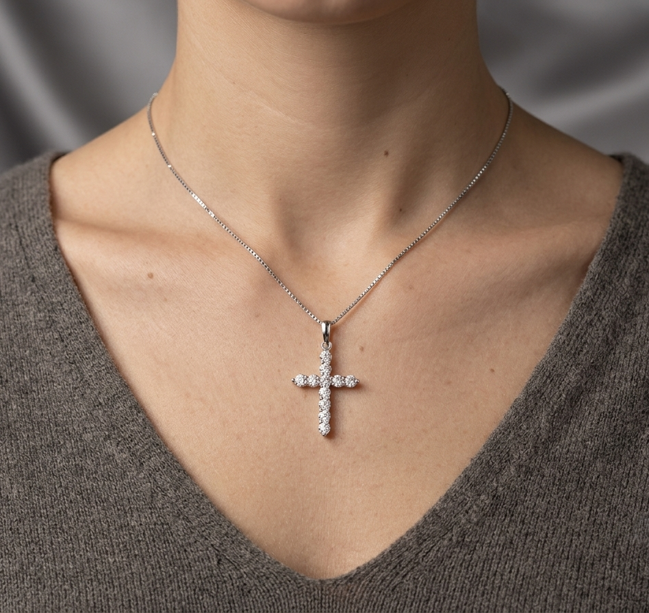 18K white gold natural diamond cross pendant with 0.54 carat round brilliant diamonds, pendant only without chain.