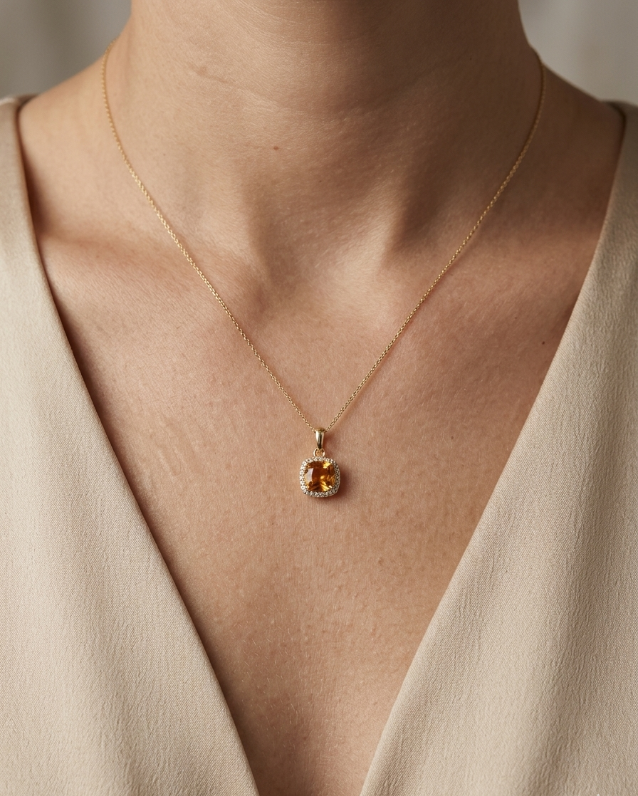 Citrine & Diamond Halo Pendant in 18K Yellow Gold