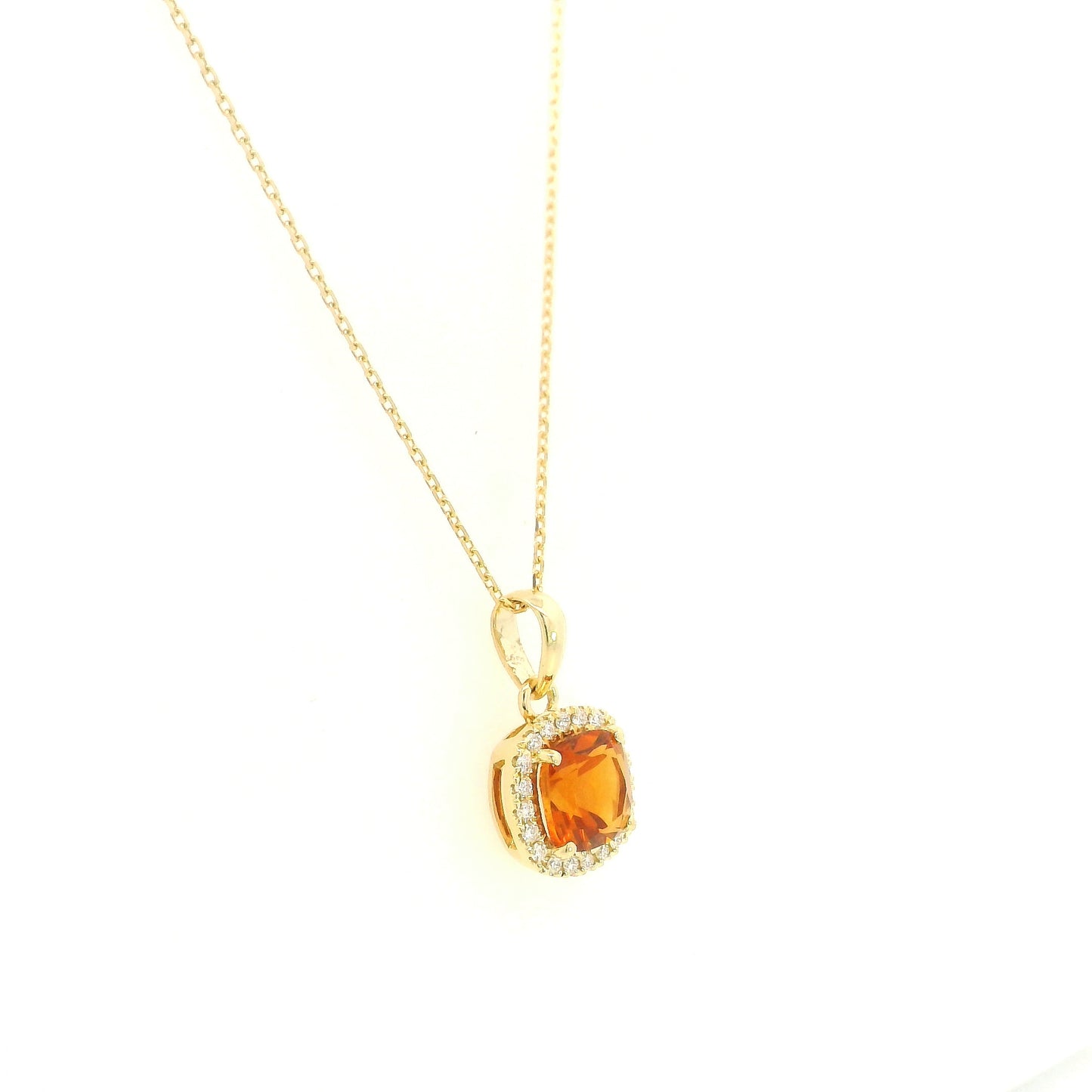 Citrine and diamond halo pendant in 18K yellow gold with cushion-cut citrine gemstone