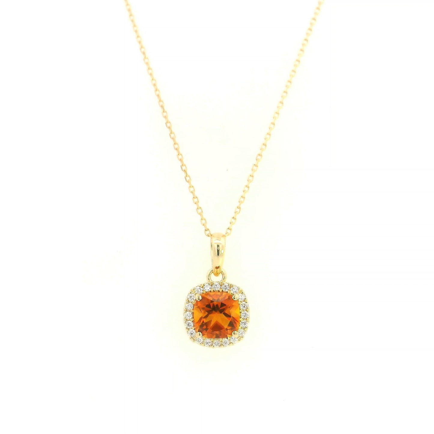 Citrine and diamond halo pendant in 18K yellow gold with cushion-cut citrine gemstone