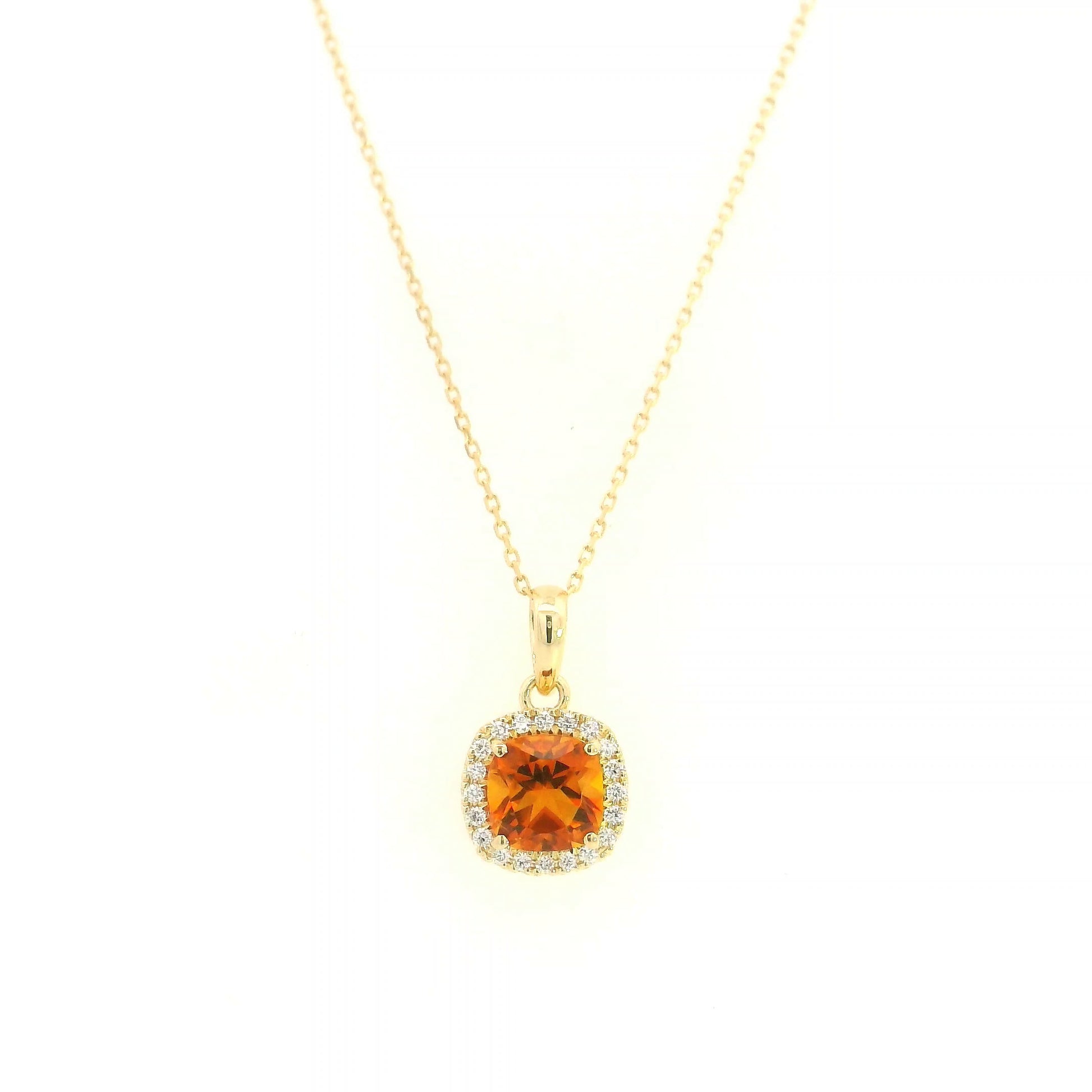 Citrine and diamond halo pendant in 18K yellow gold with cushion-cut citrine gemstone