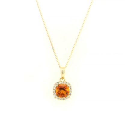 Citrine and diamond halo pendant in 18K yellow gold with cushion-cut citrine gemstone