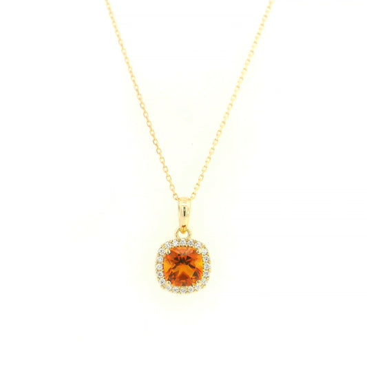 Citrine and diamond halo pendant in 18K yellow gold with cushion-cut citrine gemstone