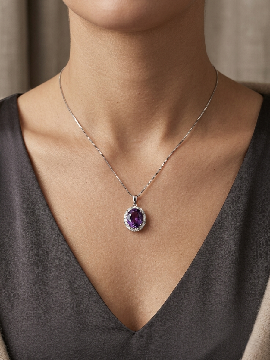 18K white gold amethyst and diamond halo pendant with oval purple gemstone