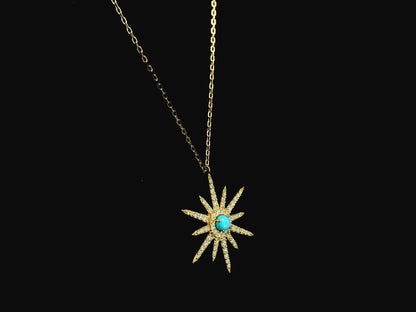 Turquoise and diamond starburst pendant in 18K yellow gold by Emirates Diamonds