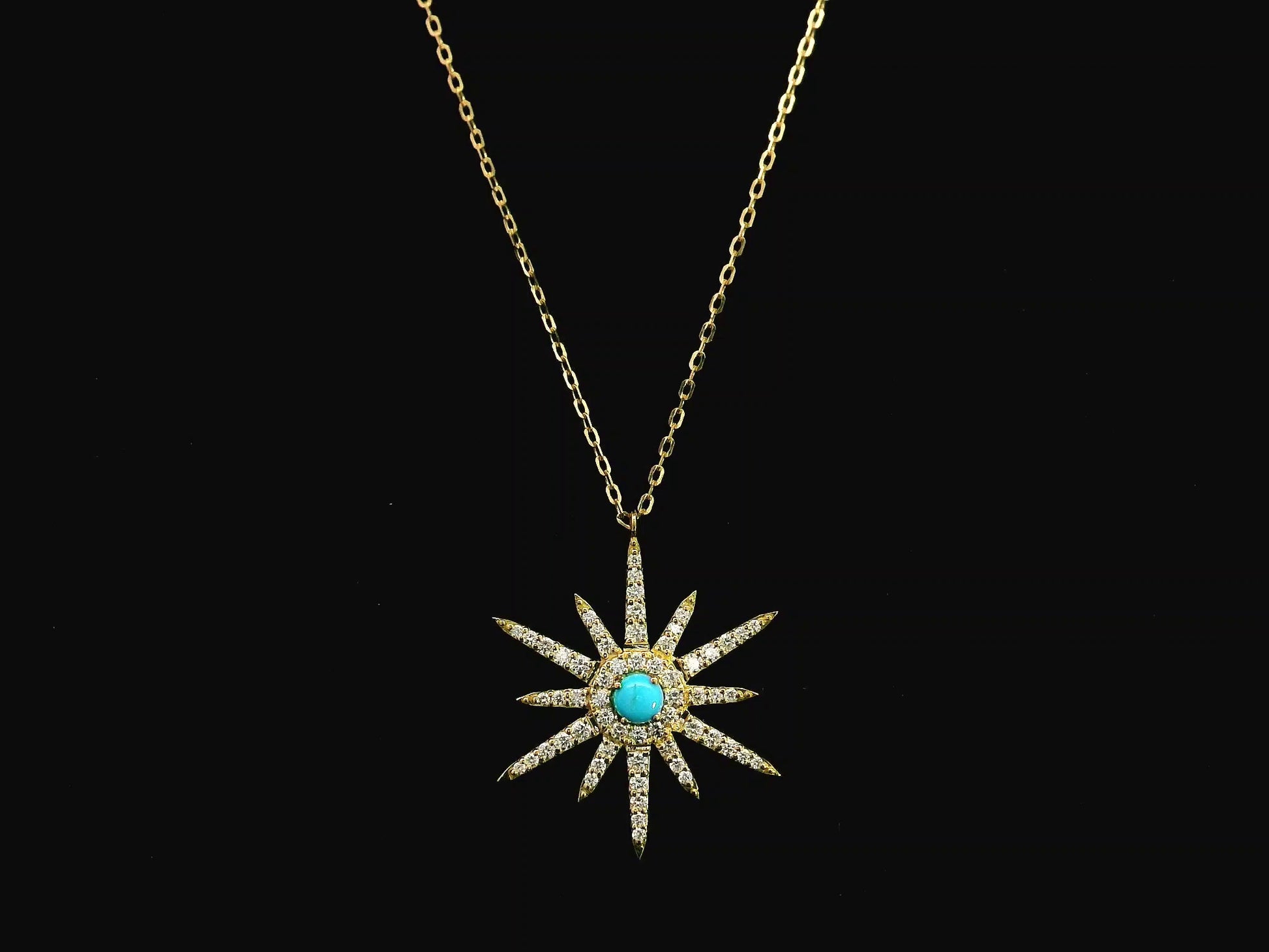 Turquoise and diamond starburst pendant in 18K yellow gold by Emirates Diamonds
