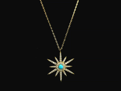 Turquoise and diamond starburst pendant in 18K yellow gold by Emirates Diamonds
