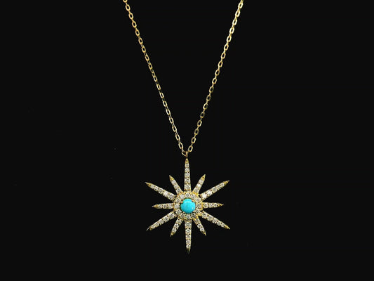 Turquoise and diamond starburst pendant in 18K yellow gold by Emirates Diamonds