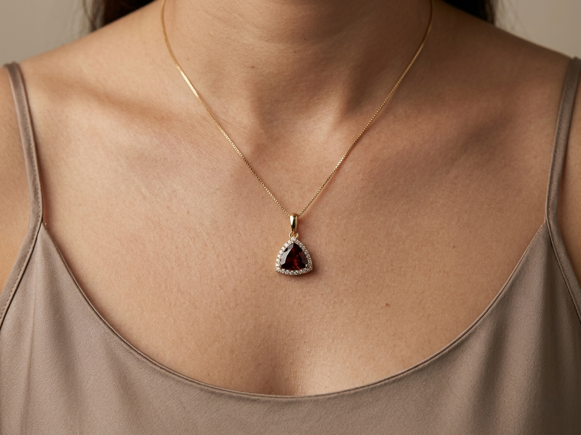 Trillion Cut Garnet and Diamond Halo Pendant in 18K Yellow Gold by Emirates Diamonds