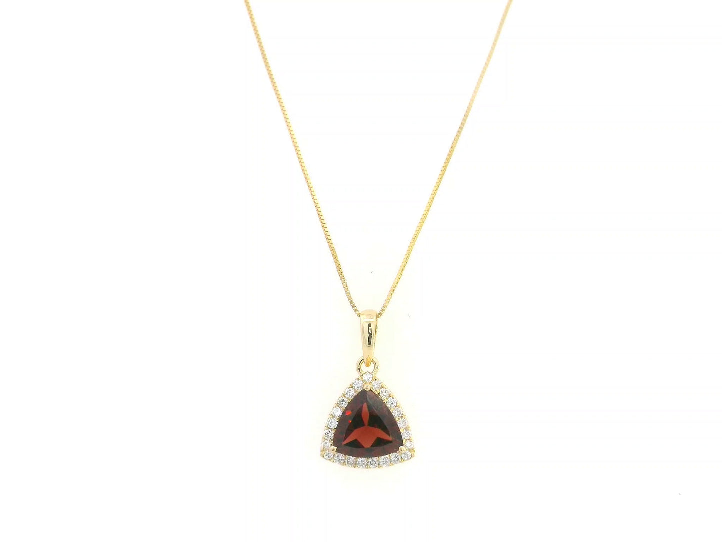 Trillion Cut Garnet and Diamond Halo Pendant in 18K Yellow Gold by Emirates Diamonds