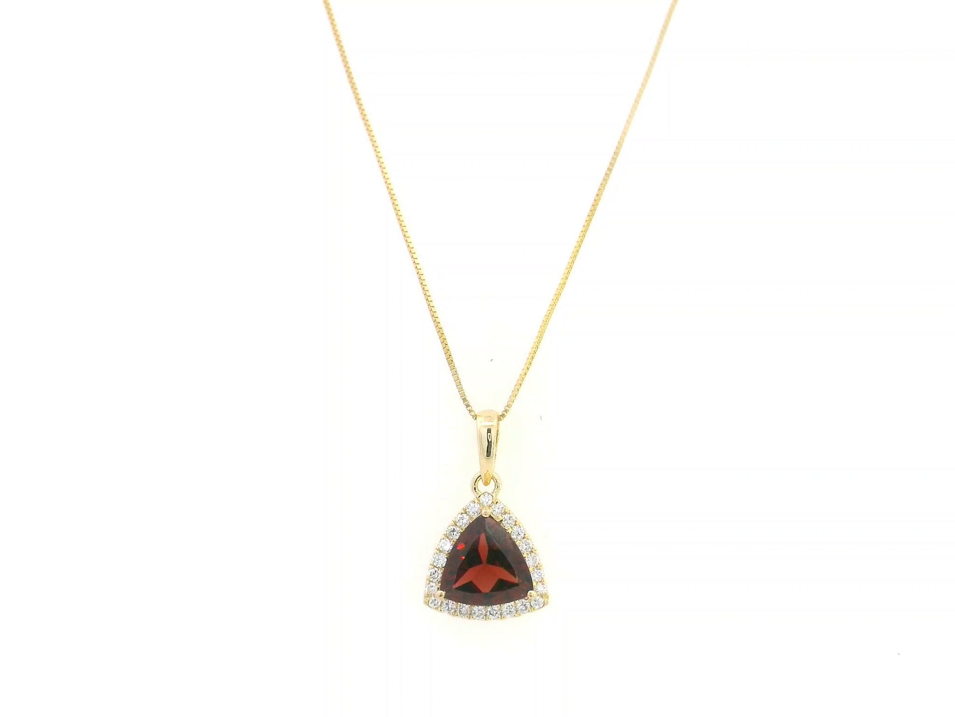 Trillion Cut Garnet and Diamond Halo Pendant in 18K Yellow Gold by Emirates Diamonds