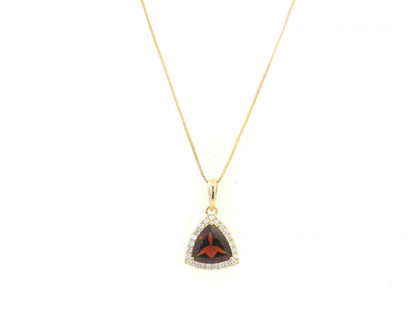Trillion Cut Garnet and Diamond Halo Pendant in 18K Yellow Gold by Emirates Diamonds