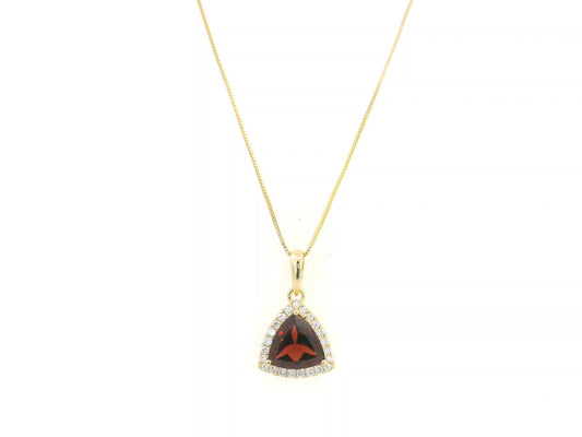 Trillion Cut Garnet and Diamond Halo Pendant in 18K Yellow Gold by Emirates Diamonds