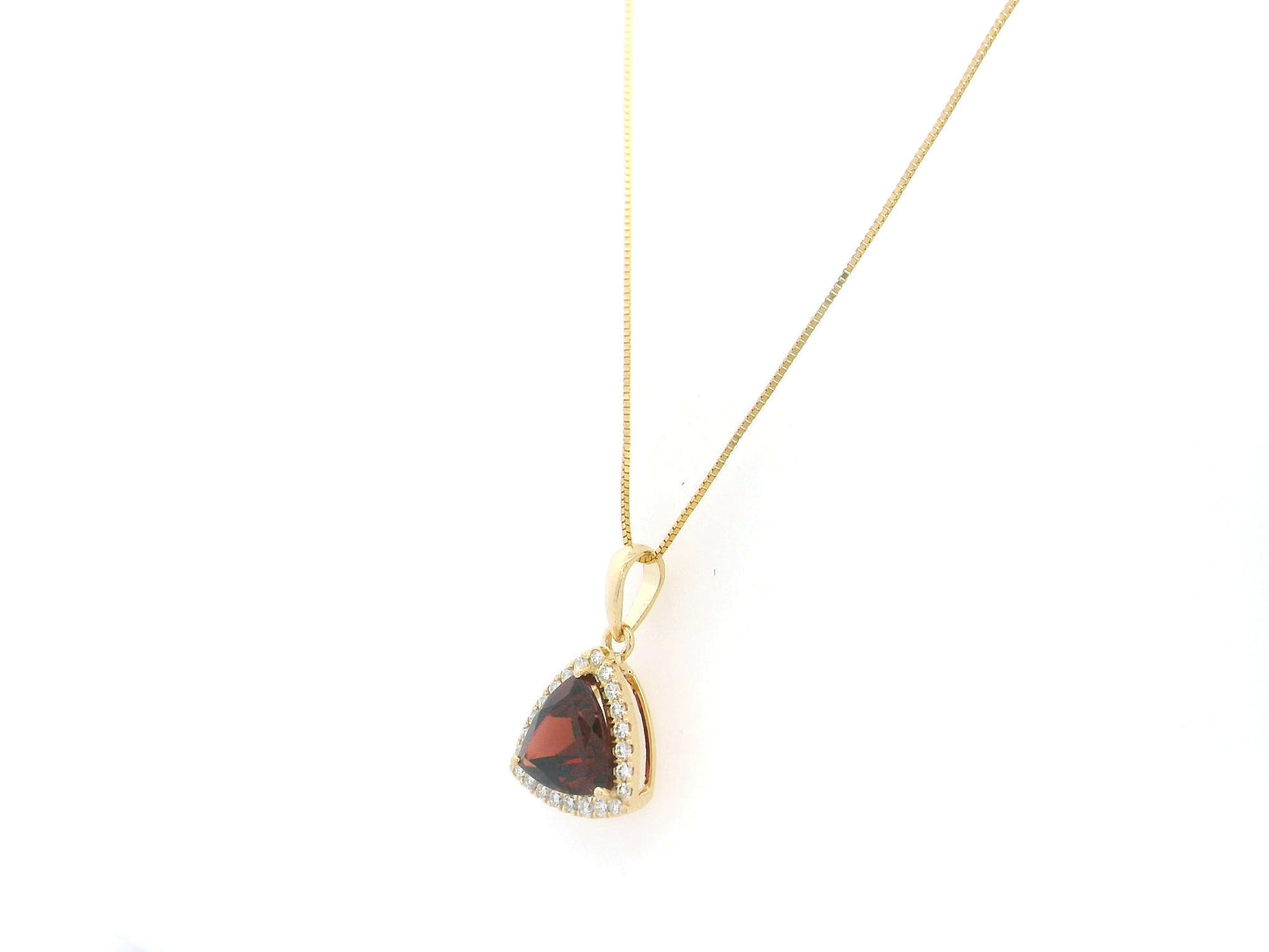 Trillion Cut Garnet and Diamond Halo Pendant in 18K Yellow Gold by Emirates Diamonds