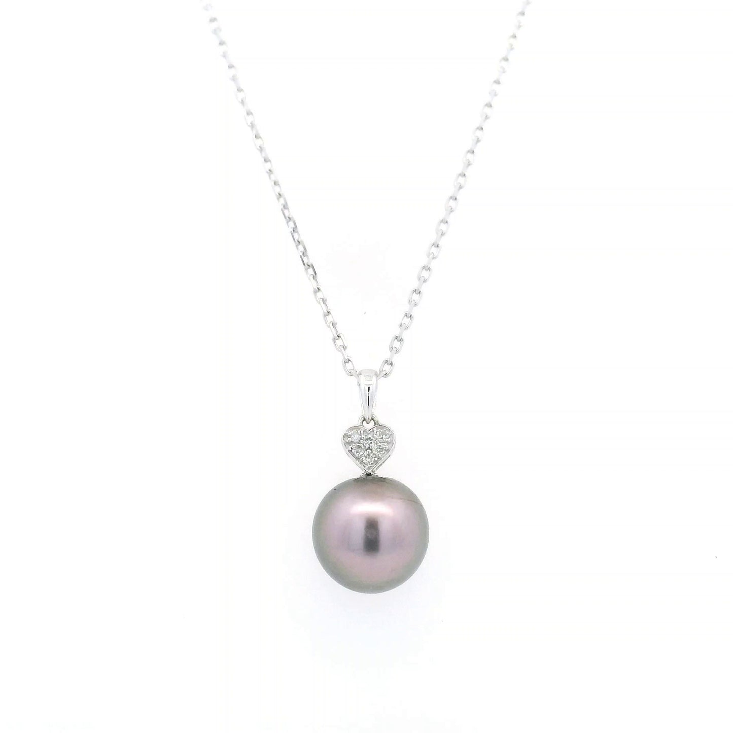 Tahitian black pearl diamond heart pendant in 18K white gold with natural diamond accent.