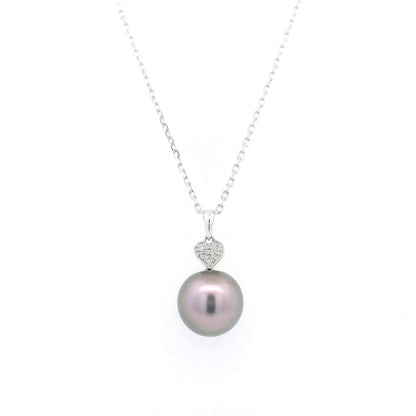 Tahitian black pearl diamond heart pendant in 18K white gold with natural diamond accent.