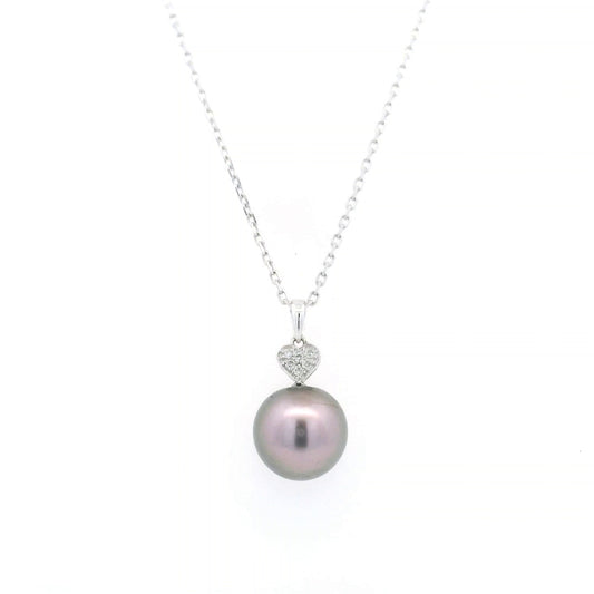 Tahitian black pearl diamond heart pendant in 18K white gold with natural diamond accent.