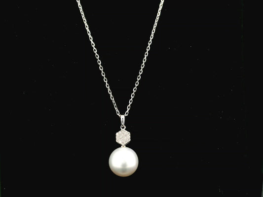South Sea pearl pendant in 18K white gold with natural diamond geometric accent.