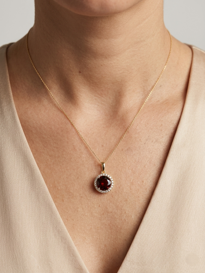 Round garnet diamond halo pendant in 18K yellow gold with 3.82 carat natural garnet