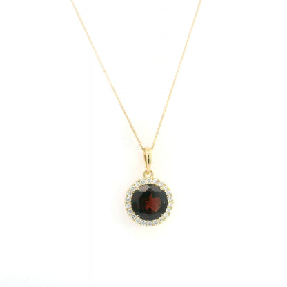 Round garnet diamond halo pendant in 18K yellow gold with 3.82 carat natural garnet
