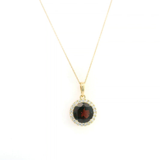 Round garnet diamond halo pendant in 18K yellow gold with 3.82 carat natural garnet