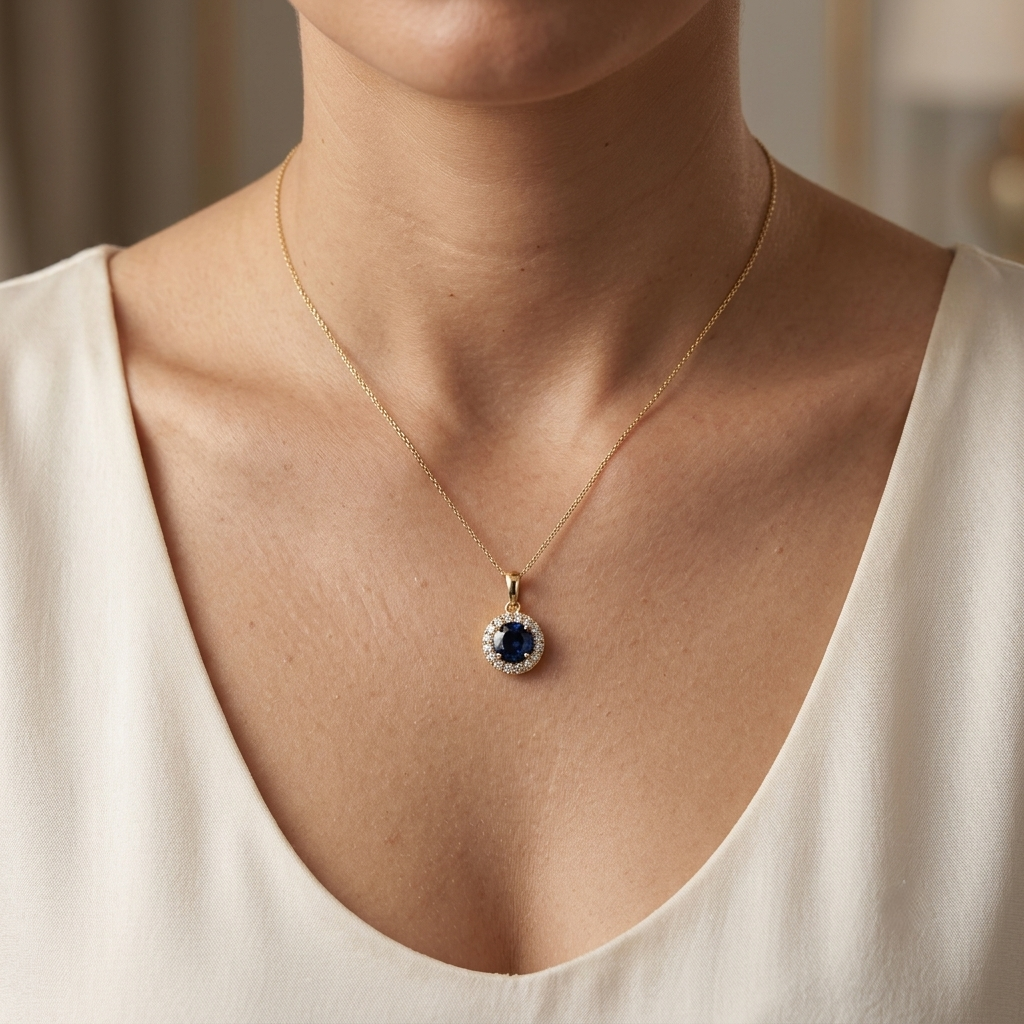  Round blue sapphire diamond halo pendant in 18K white gold.
